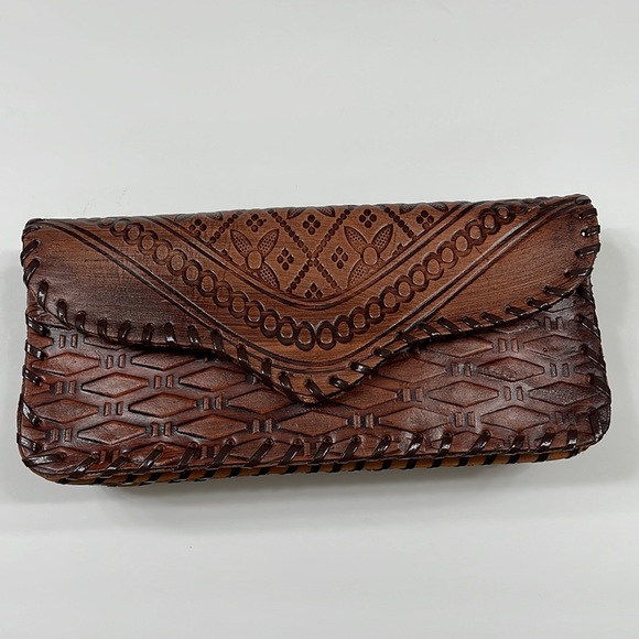 Genuine Handmade Leather Double Pattern Coffee Brown Women Bags Wallet - Picture 2 of 7